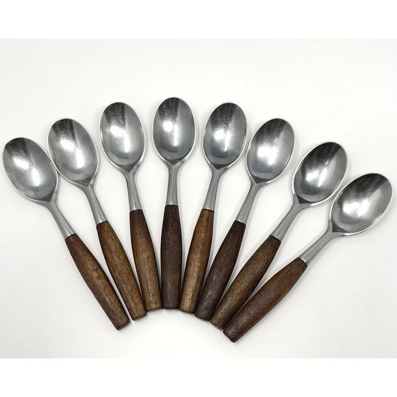 Dansk FJORD Teaspoons Teak Handle Stainless Steel Germany 6 3/8” Set Of 8 - Picture 1 of 10